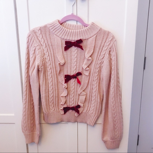 Winter Pink Knit Ruffle Sweater with Magenta Bow - Picture 5 of 8